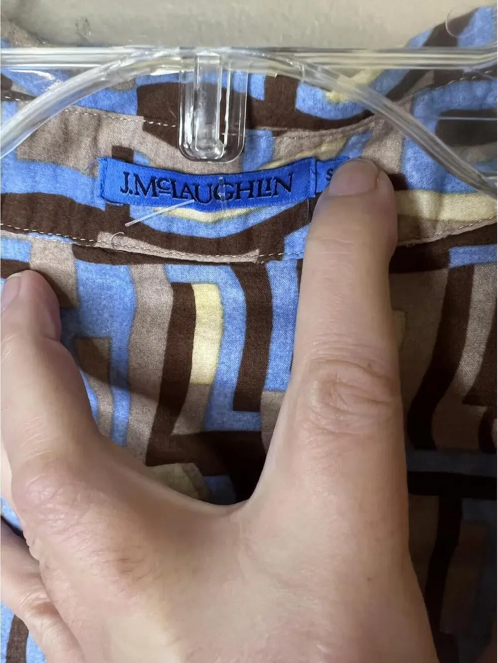 J. McLaughlin Printed Cotton Top Abstract Art Retro Blue & Brown Button Up Small - Picture 2 of 10